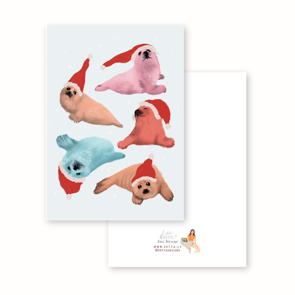 Apsveikuma kartīte - Roņi ziemas cepurēs